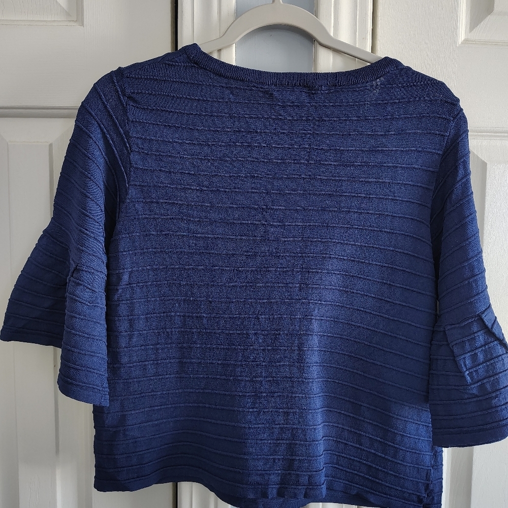 Milly Navy Ribbed Crew Neck Top W Short Bell Sleeves M - Picture 4 of 7